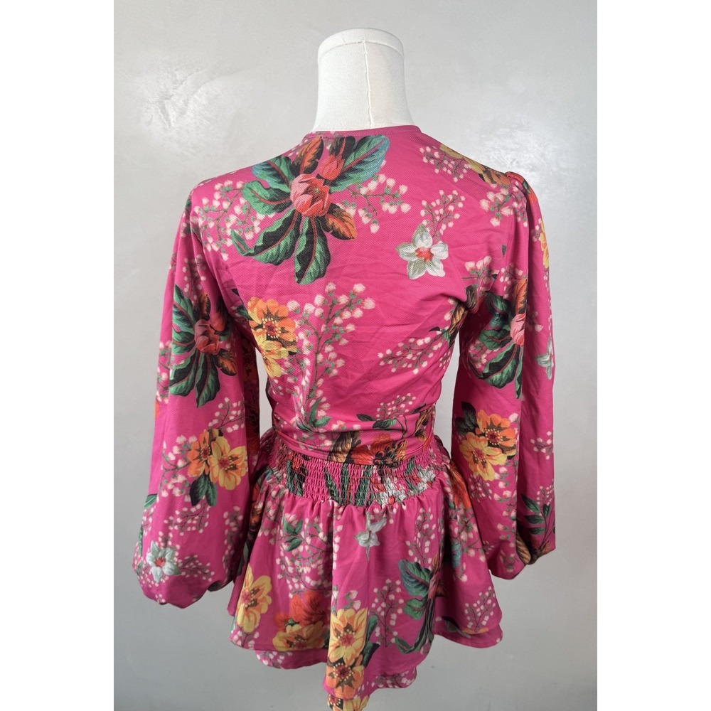 Agua Bendita Pink Floral Tropical Resort Ruffle Skirt and Wrap Top Set Sz M - Picture 2 of 4